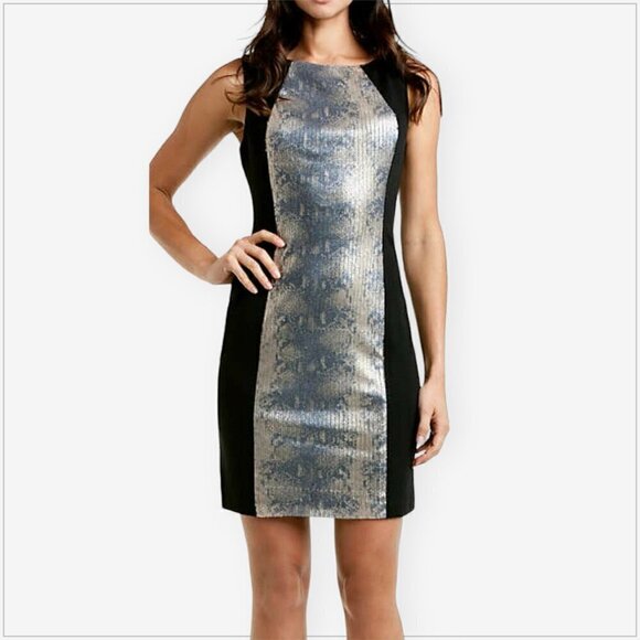 Muse Black Snake Pattern Sequin Panel Front Stretch Sheath Dress NWT NEW Size 8 - Picture 1 of 6